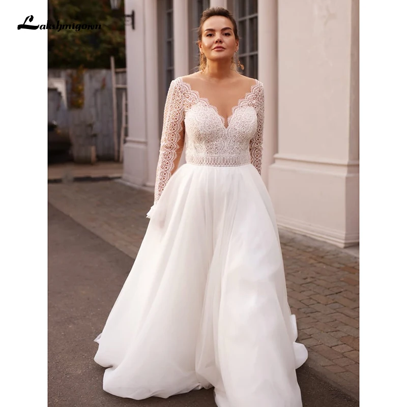 

Plus Size Wedding Dresses 2021 Lace Long Sleeve Sexy Party Dress vestido de novia White/Lvory Bride Dresses