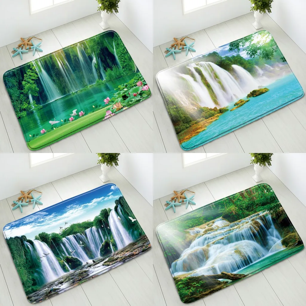 

Waterfall Non-Slip Bathroom Mat Natural Scenery Green Forest Lotus Flowers Plant Mountain Bird Entrance Doormat Absorbent Carpet