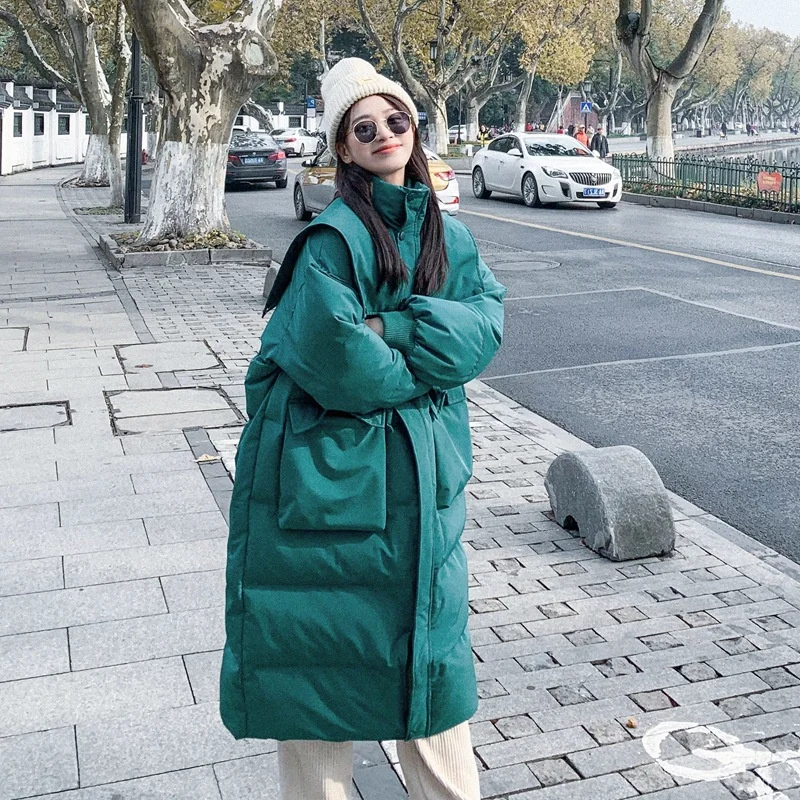 

Новинка, модное женское пальто на хлопковом наполнителе, парки, свободная Длинная зимняя куртка с капюшоном, женская одежда, теплая верхняя ...