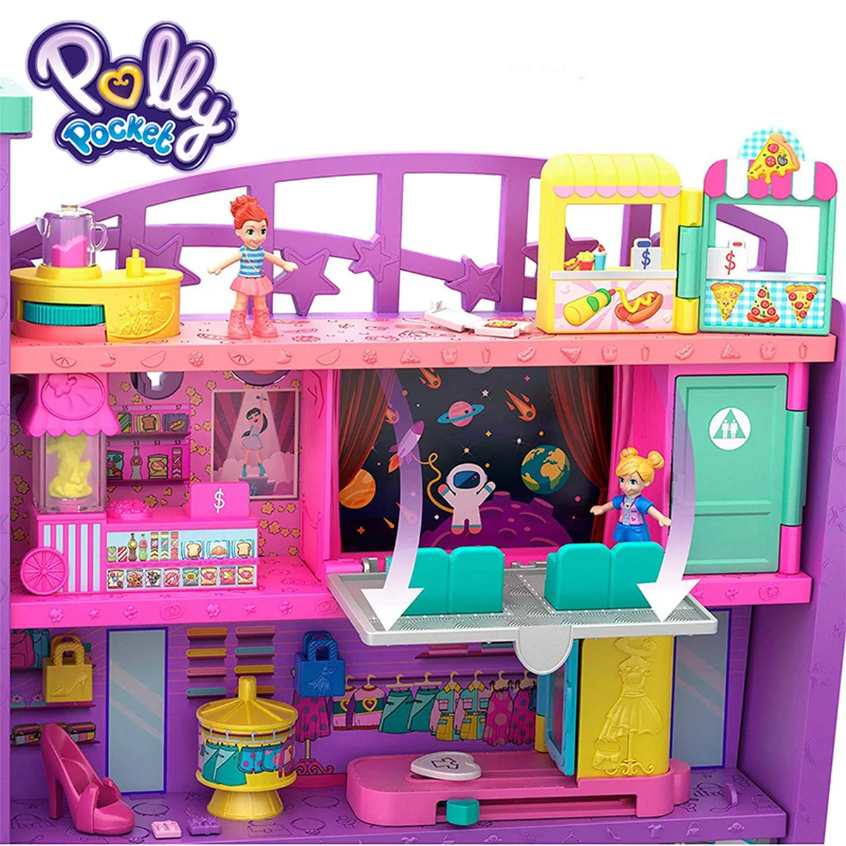 Карманный суперпакет Polly Pollyville Mega Mall с 6 этажным автомобильным лифтом и микро мини