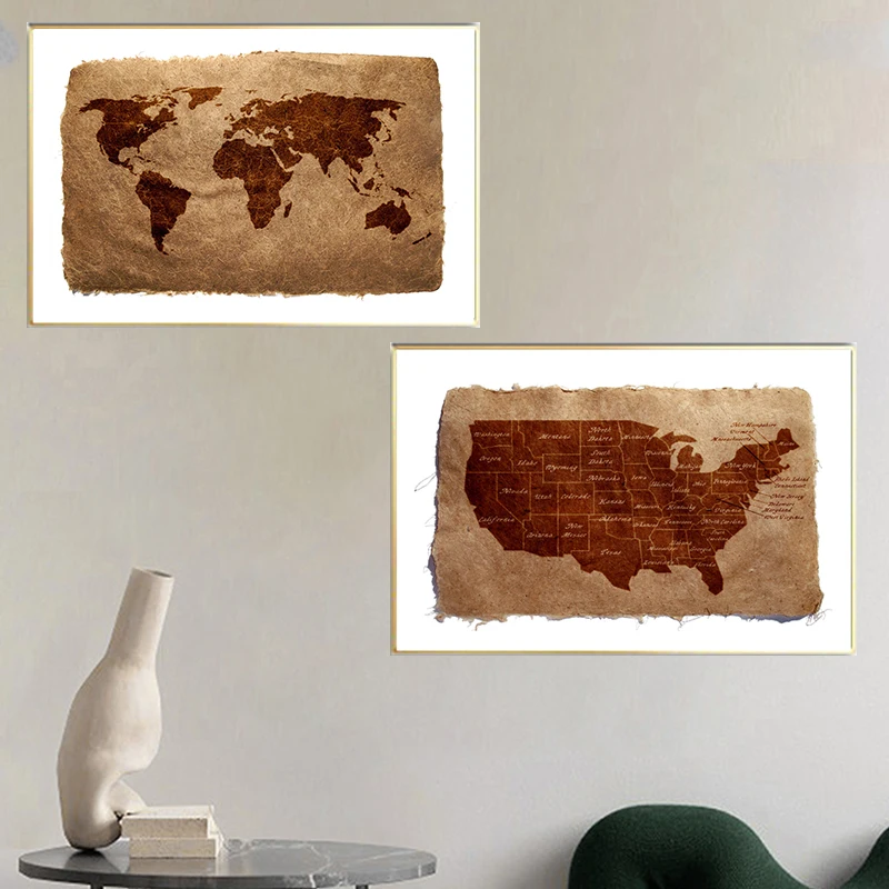 Абстрактная винтажная коричневая карта мира Современная Картина на холсте