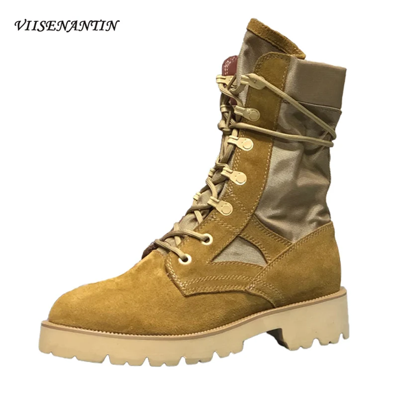 

Frosted Cowhide Stitching Nylon Cloth Martin Boots Women's Round Toe Thick-soled Increased Retro Mid-heel Lace-up Ankle Boots