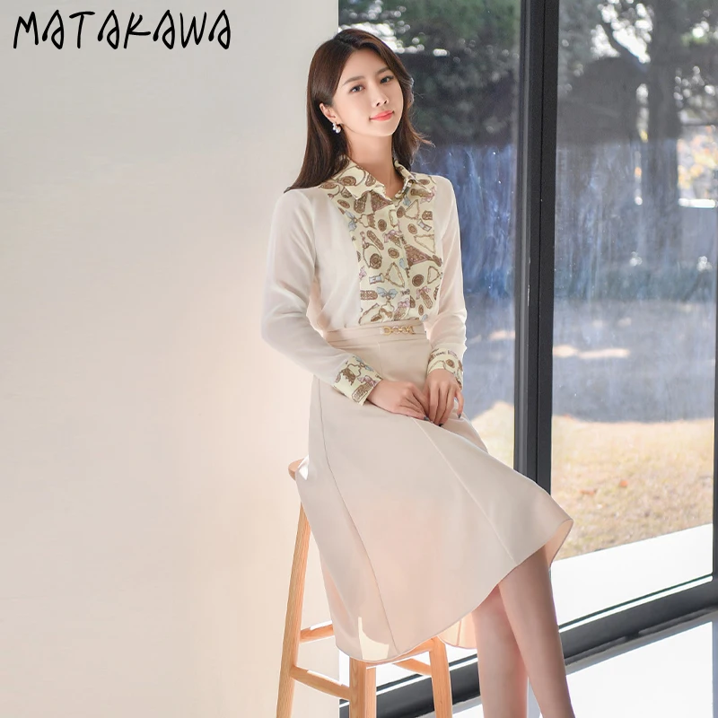 Matakawa Skirt Suits Korean Fashion Vintage Elegant Print Patchwork Shirts + High Waist Slim Swing Faldas Largas Women Sets |
