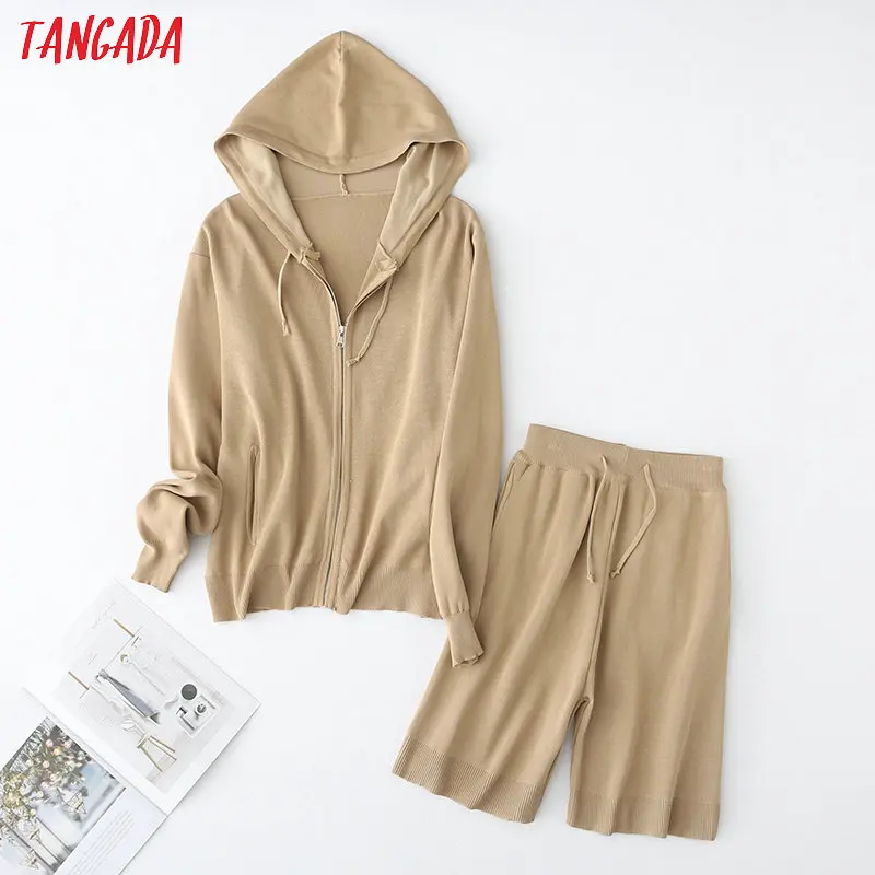 Женский трикотажный костюм Tangada YU65 однотонный с капюшоном и шорты в Корейском