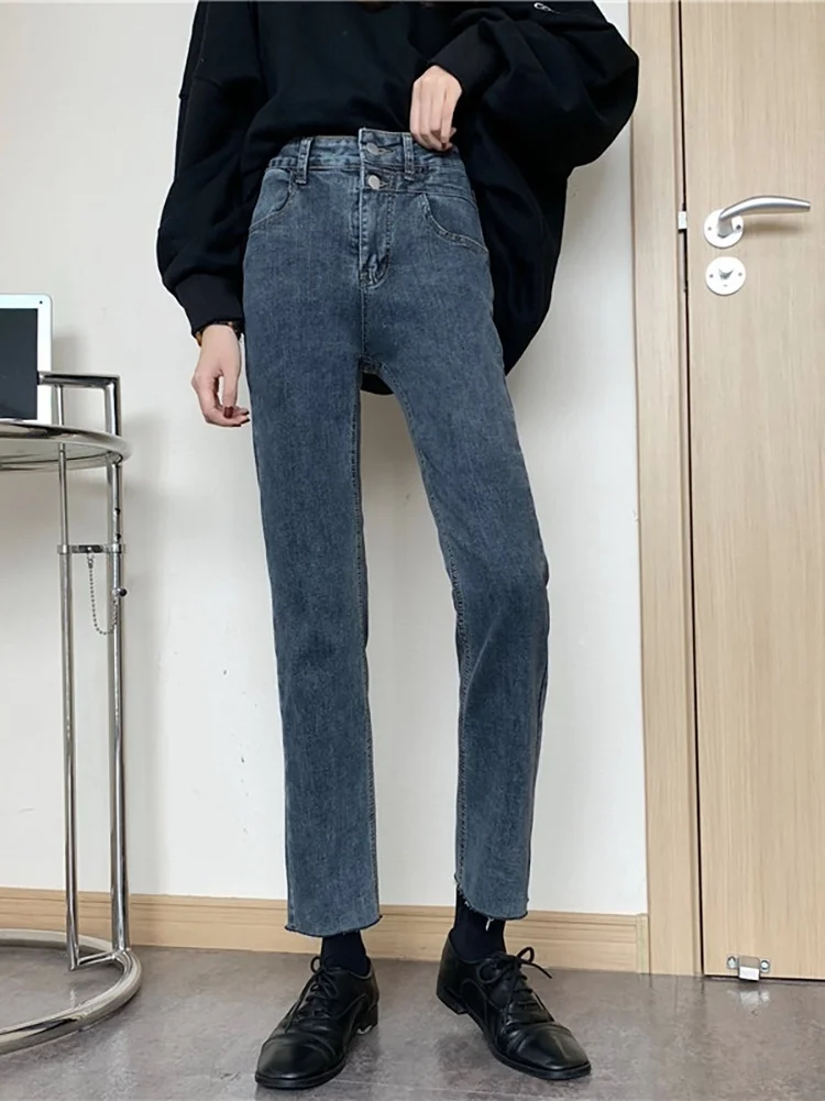 

Dark Blue Straight Pants Jeans Smoke Tube Pants Women's 2021 New High Waist Small Chic Style Pants
