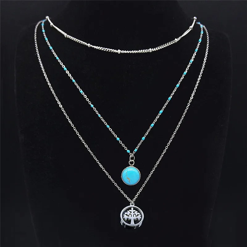 

Bohemia Tree of Life Stainless Steel Green Natural Stone Layered Necklaces Women/Men Silver Color Jewelry bijoux femme NXS04