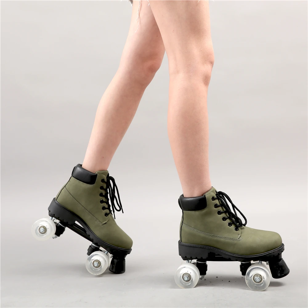 Женские роликовые коньки из экокожи зеленый цвет 4 колеса патины два ряда для