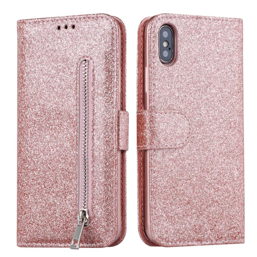 rose gold LAPOPNUT Блестящий на молнии из искусственной кожи чехол для Iphone 11 Pro Xs Max Xr X 7 8 Plus 6 6s 5 5S SE Магнитный откидной Чехол-кошелек - Цвет: rose gold