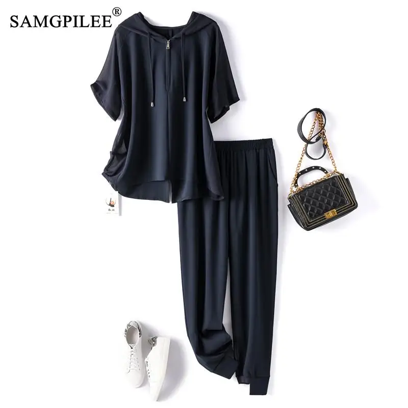 

Two Piece Sets For Women 2021 Summer New Short Sleeve Casual Hooded Collar Elastic Waist Ankle-length Solid Pants Set Plus Size