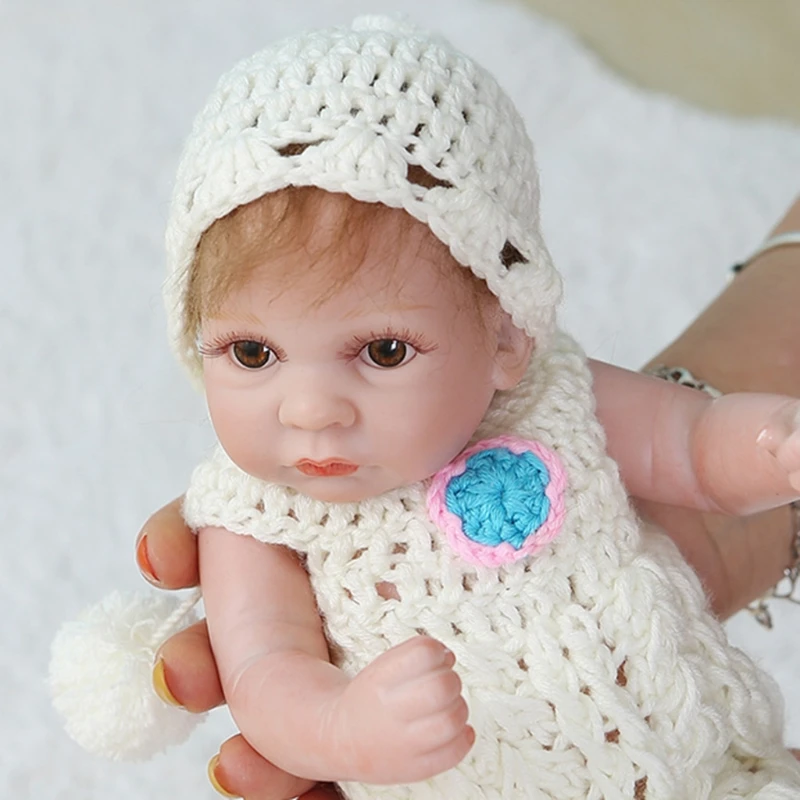

26cm Mini Lifelike Girl Doll Brown Eyes White Pajamas Vinyl Silicone Toddler