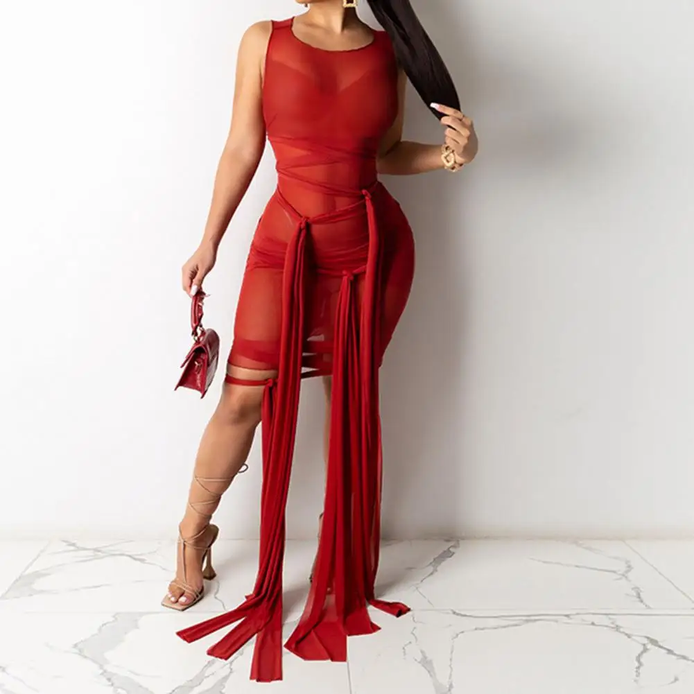 

2021 Hot Linten Mesh See Through Bodycon Party Jurken Sexy Clubwear Mini Jurk Solid Mouwloze Basic Vrouwelijke Outfits