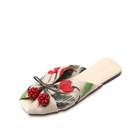 spring summer new women slippers sandals floral bowknot ball ornament shoes printed flat mules