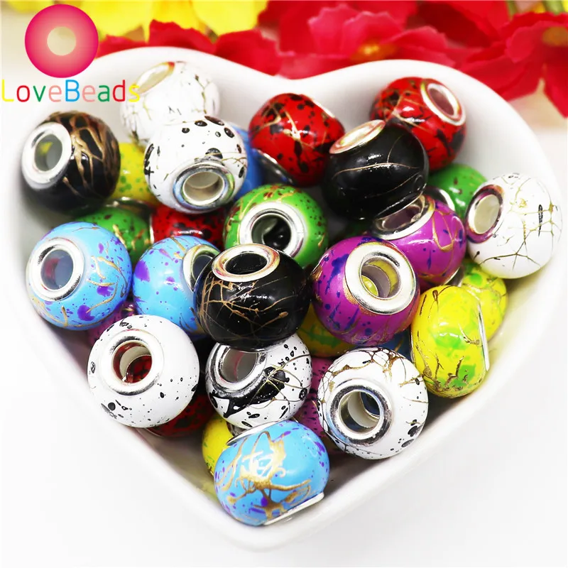 

10Pcs 16mm Painting Glass Color Murano 5mm Large Hole Spacer Beads for Jewelry Making Fit Pandora Bracelet Bangle Chain Beads