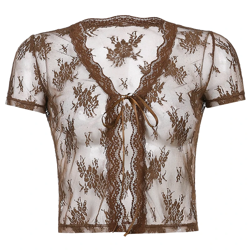 

Rockmore Y2K Brown See Through Lace Crop Top Woman Vintage Short Sleeve Sexy V Neck Lace Up Tees Mesh Tshirts Streetwear Clothes