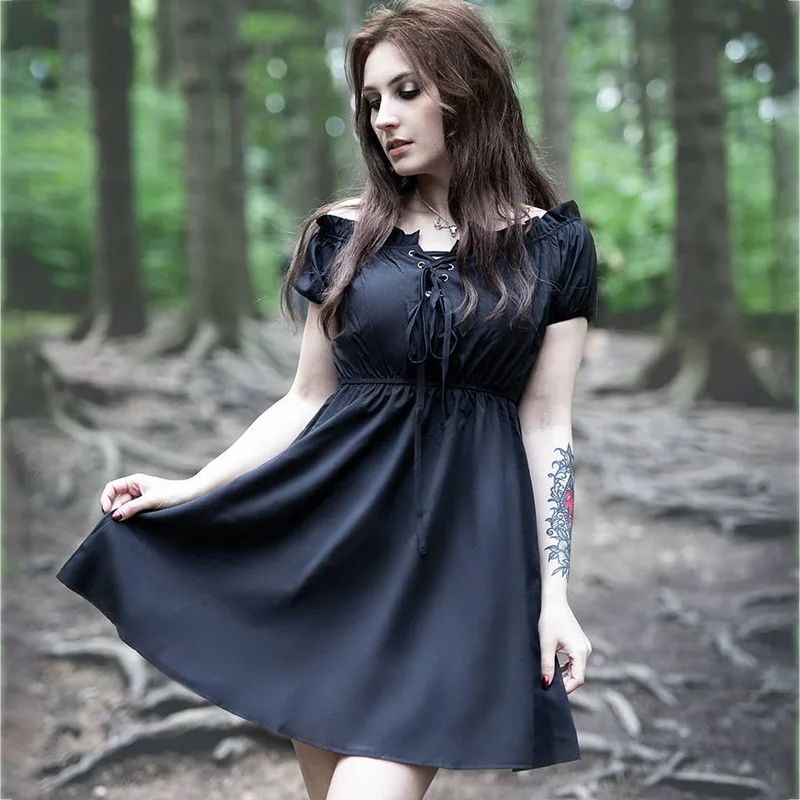 

22055P French Style New off-Shoulder Stretch Sexy Black Dress Lace-up Retro Hepburn Slimming Waist Dress
