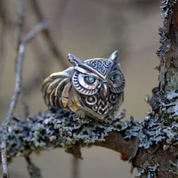 hot sale unisex antique silver color domineering owl shaped ring with green eye crystal rhinestone for women men party jewelry