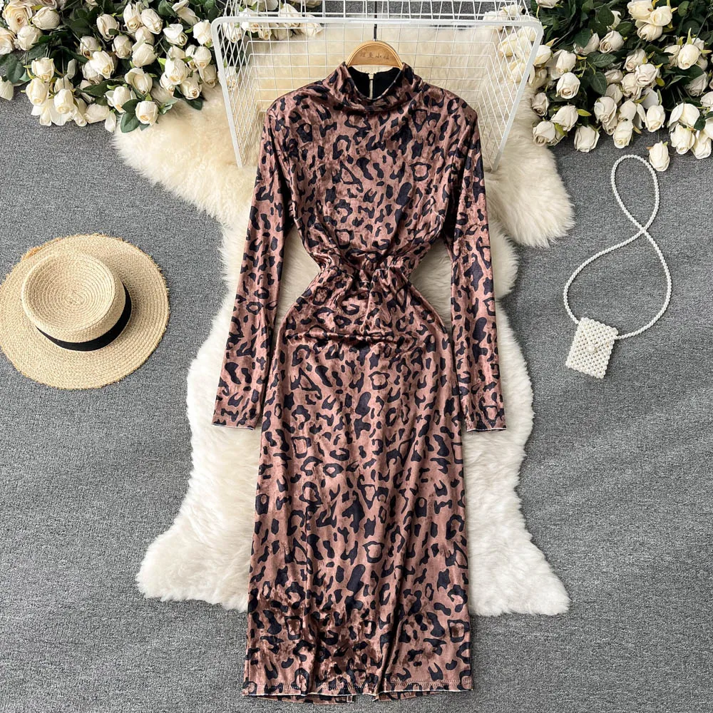 VANOVICH European and American Fashion Design Sense Is Thin Temperament Velvet Leopard Print Dress 2022 Spring Autumn New | Женская
