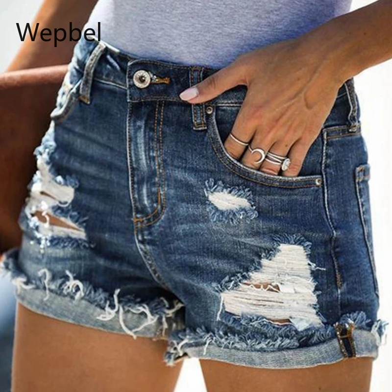 

Wepbel Pocket Denim Shorts Washed Summer Fashion Holes Short Jeans Women Mid Waist Casual Streetwear Short Jeans