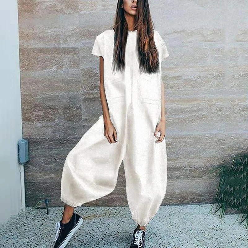 Женские летние комбинезоны, S~ 2XL, большой размер, сплошной цвет, с коротким рукавом, комбинезон, штаны-фонарики, хлопок, лен, свободные брюки, комбинезоны