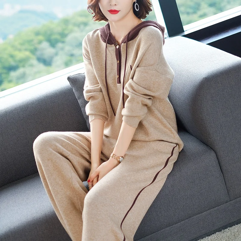 

Женский трикотажный спортивный костюм, свитер с капюшоном и штаны, спортивный костюм из двух предметов, AA5093, Осень-зима 2019