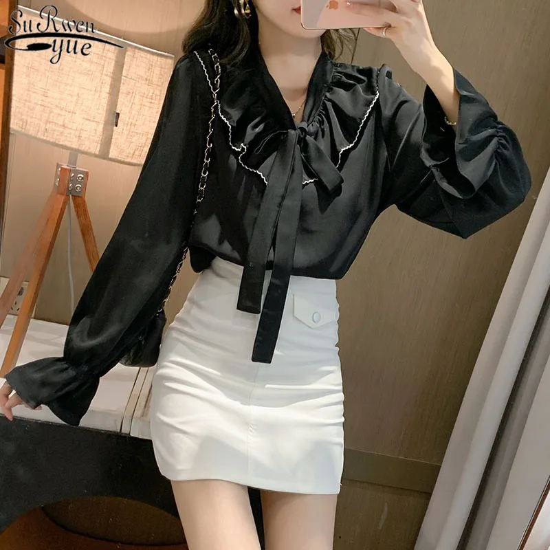

2021 Korean Autumn V-neck Fashion Women Shirts Long Sleeve Women's Black Chiffon Blouse Vintage Ruffles Bow Collar Blusas 11988