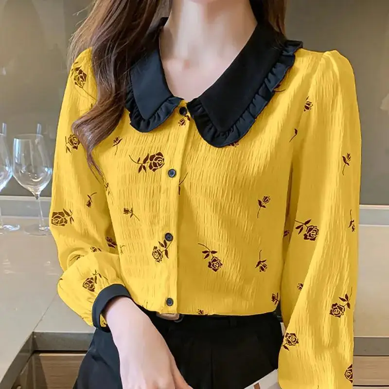 

Шифоновая рубашка с кукольным воротником, женская одежда с длинным рукавом, модная Осенняя офисная блузка на пуговицах, повседневная женск...