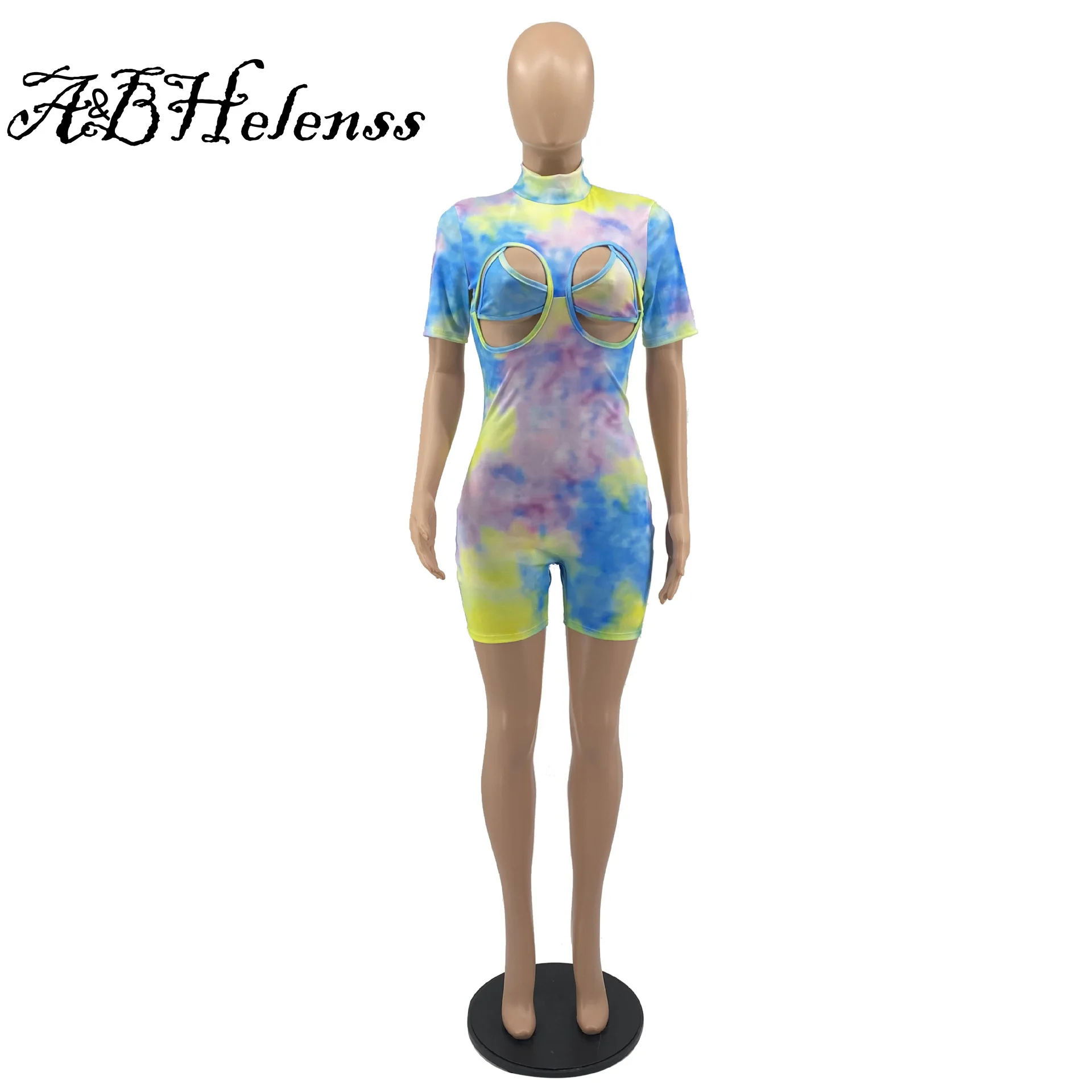 

A&BHelenss Fashion Print Tracksuit Turtleneck Short Sleeve Jumpsuit+ Lace Up Bra Matching Set Casual Female Night Club Wear
