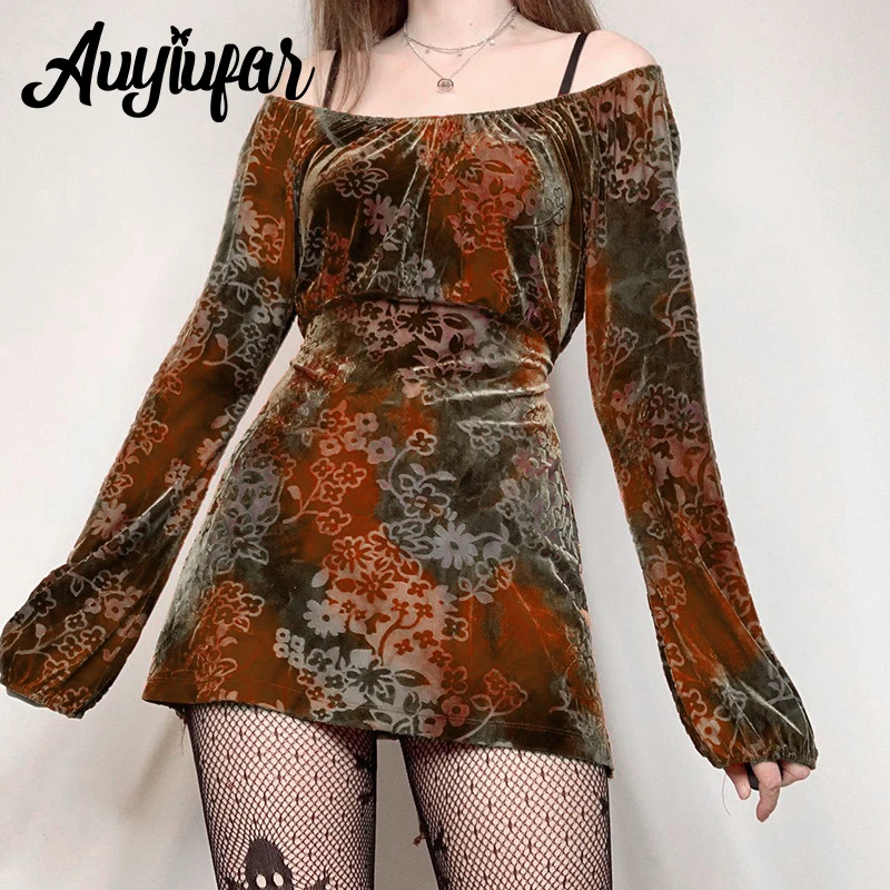 

Auyiufar Vintage Fairy Grunge Floral Pattern Velvet Mini Dress Colorblock Sexy Slim Y2k Slash Neck Bodycon Dresses Autumn Outfit