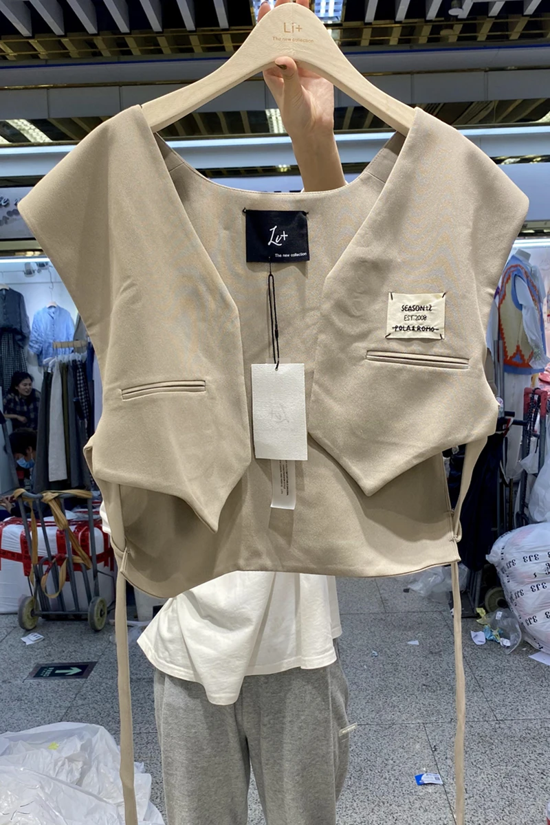 

Spring Casual All-match Sleeveless Labeling Patchwork Lace-up Suit Vest Women Irregular Hem Shawl-shape Solid Color Top