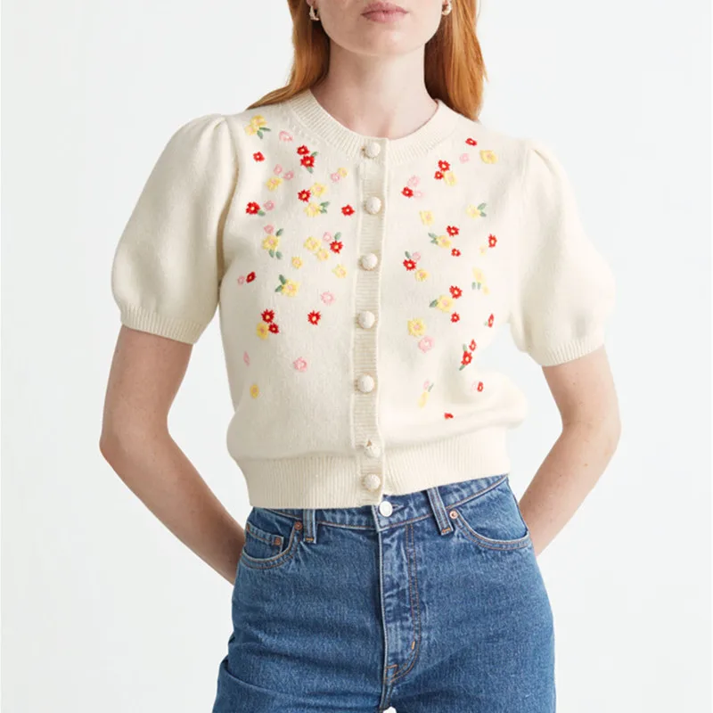 

Flowers Embroidery Women Short Knit Cardigan Ladies 2021 Autumn Single-Breasted Puff Sleeve Sweater Knitweat Tops