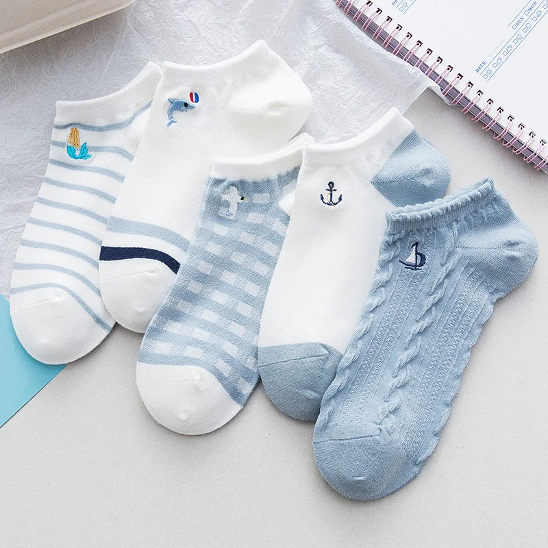 

Embroider Spring Summer Kawaii Cartoon Blue Woman Socks Cotton Japanese Harajuku Style Thin Funny Socks Women 41301