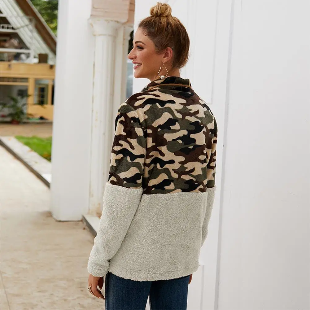 

MISSKY Autumn Winter Women Sweatshirt Streetwear New Camouflage Stitching Coat Short Plush Long Sleeve Top Female Sweatshirt