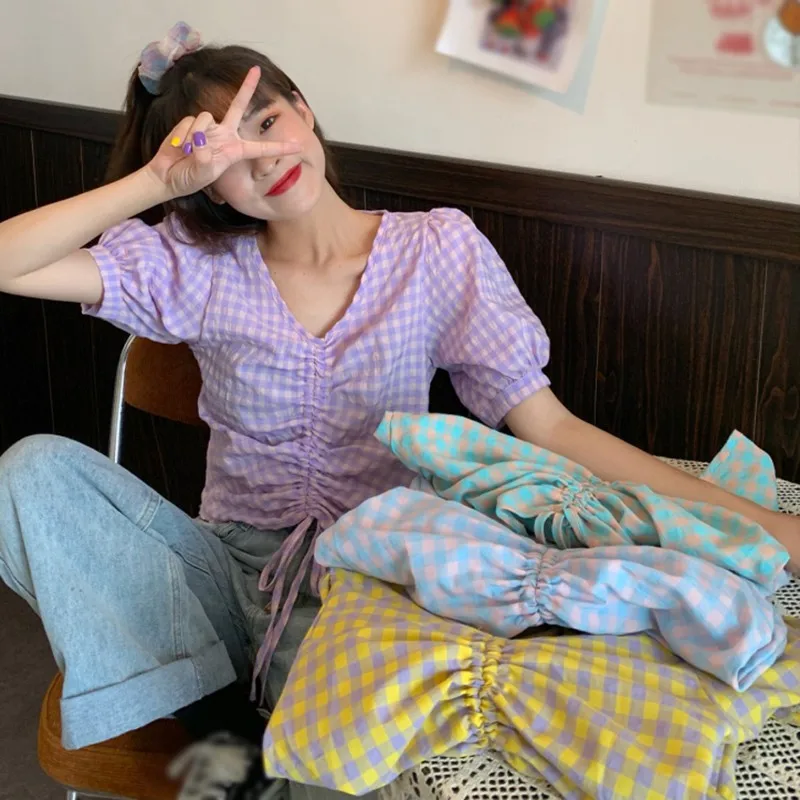 

Sweet Puff Sleeve Casual Blouse Korean Style Women Shirt Short Sleeve Summer V Collar Slim Fit Clothing