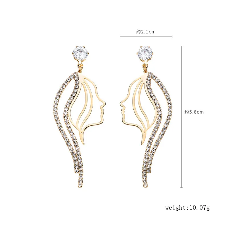 

Fashion Rhinestone Hair Beautiful Women Face Earrings Hollow Metal Gold Color Human Shape Korean Jewelry 2021 Pendientes MS118
