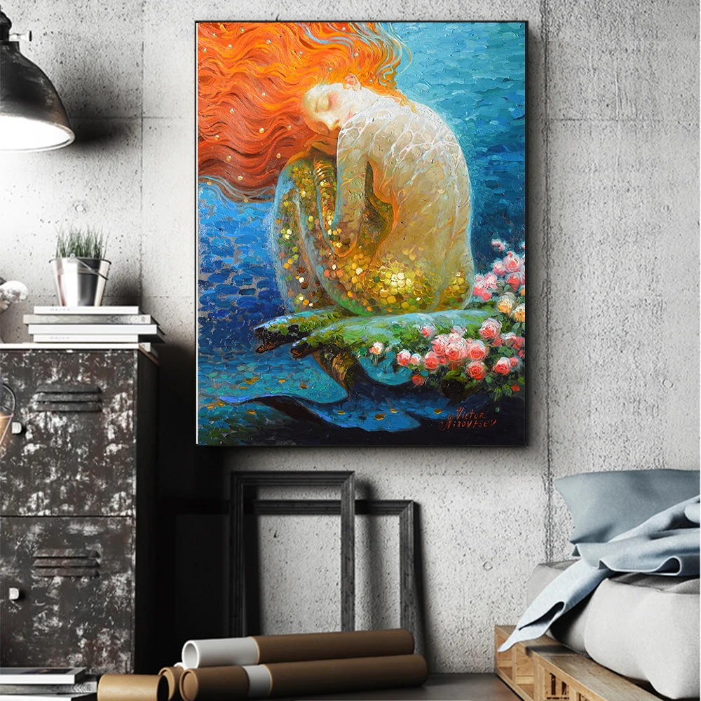 Fantasy Mermaid Oil Painting Vintage Canvas Poster Printed On For The Sitting Room Living Adornment Art Wall Decor | Дом и сад