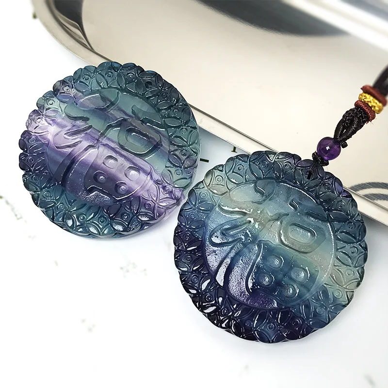 Естественная красочная круглая флюоритовая подвеска резные цветы Фу-слово