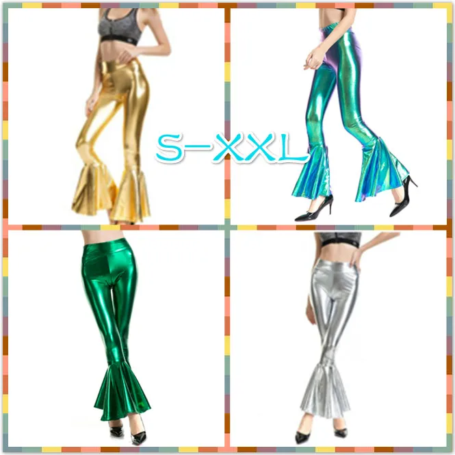 Women Flare Shiny Leggings Laser Metallic Wetlook Ruffle Wide Leg Pants Retro 70s Disco Hippie Club Trousers Bell Bottoms