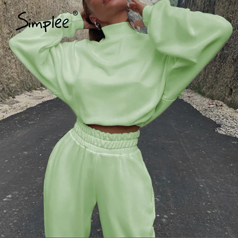 

Simplee High street batwing sleeves turtleneck crop top tracksuit women Elastic waist loose pant set Solid hoodie two-piece sets
