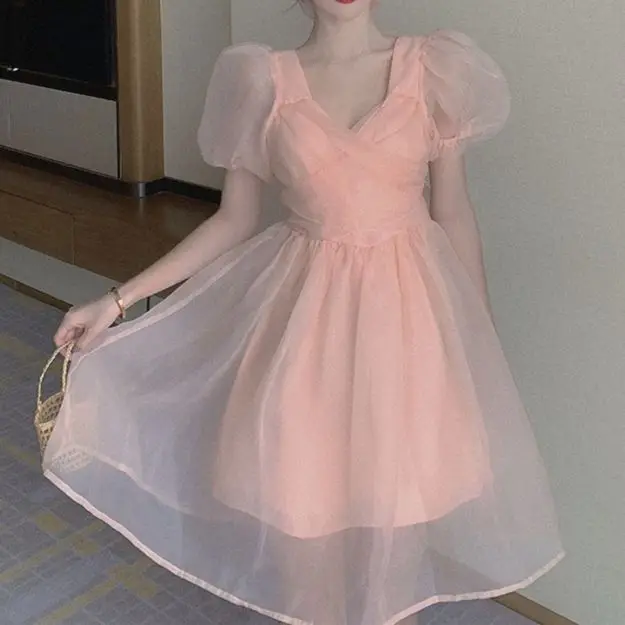 

Women'S Fashion Pink Fairy Mini Dress V-Neck Tie Bowknot Party Ladies Dress Puff Sleeve French Sweet Mesh Dress 2021 Summer y2k