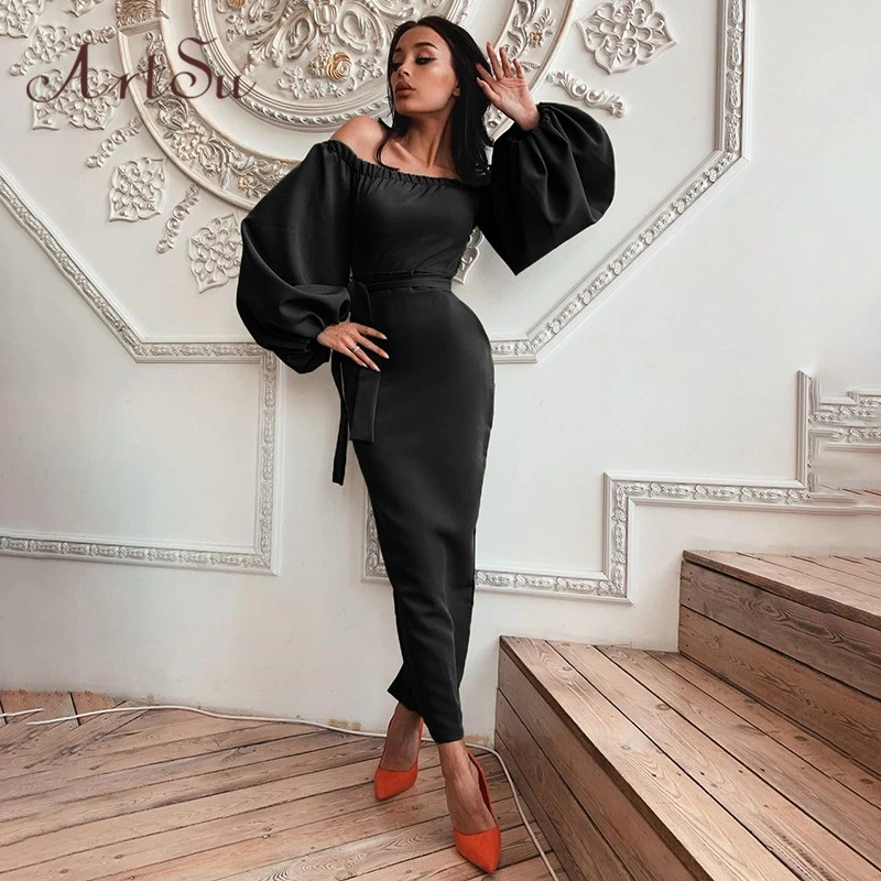 ArtSu элегантные платья с открытыми плечами сексуальные рукав фонарик мади