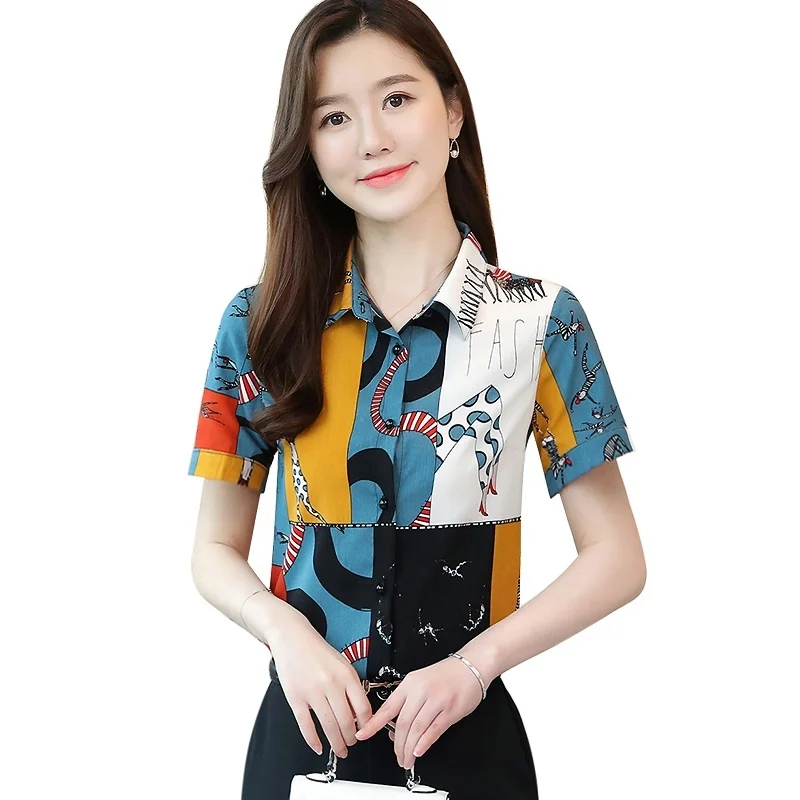 Летняя Повседневная рубашка с коротким рукавом топы для женщин блузка принтом 2020