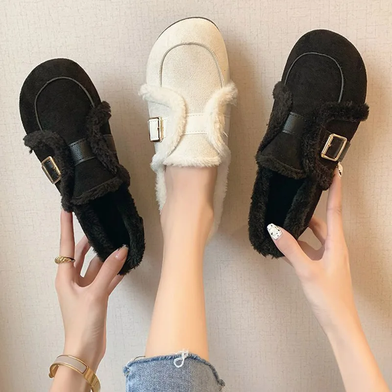 

New Fashion Women's Shoes for 2021 Wnter Warm Plush Solid Female's Flat Shoes Stylish Outdoors Non-slip Ladies Belt Buckle Shoes