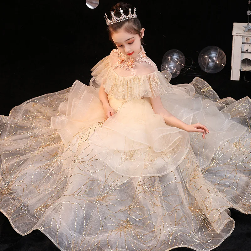 

Retail Kids Party Evening Gowns Gold sequins Ball Gown Flower Girl Dresses For Weddings First Communion Dresses For Girls Dress