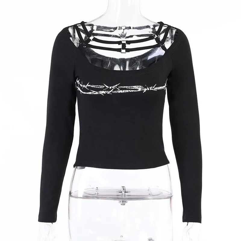 

FSNFOX Gothic Punk Hollow Out Long-Sleeved O Neck T-shirt 2021 Summer New Bandage printed Crop Top Streetwear Black Bodycon Tee