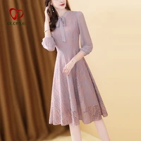 women summer chiffon dress lace up hollow out bow neck fairy dress female a line half sleeve draped casual dress for women