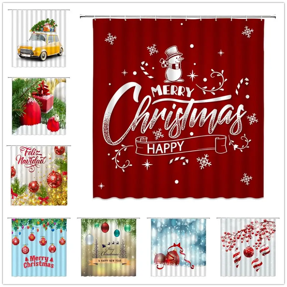 Рождественская занавеска для душа праздничная тема декор ванной елка цветной