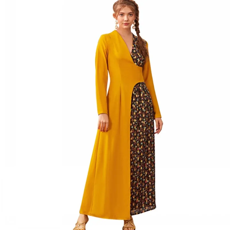

Maxi Dresses For Women Full Sleeve V Neck Floral Print Patchwork Robes Fashion New Elegant Chic Casual Long Dress Vestidos 2021