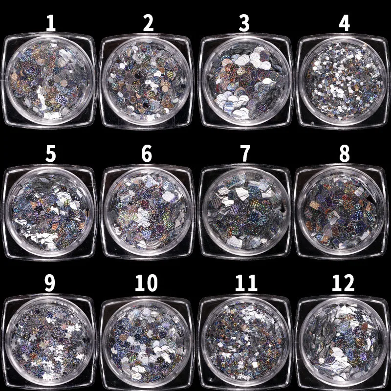 

12Pcs/Set Laser Dots Silver Color PET Confettis Chunky Glitter Powder Sequins For DIY Manicure Nails Art Decorations Accessories
