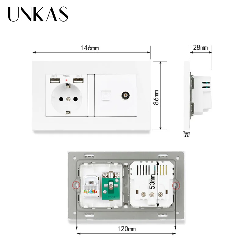 UNKAS Пластик Панель настенная розетка стандарта ЕС 2 USB зарядка Порты и разъёмы