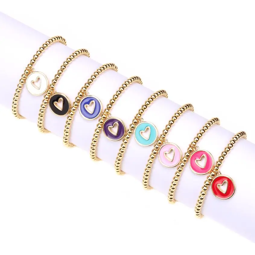 

6Pcs Candy Color Enamel Heart Bracelets Gold Plated Metal Beads Adjustable Bracelet For Women Girls Jewelry